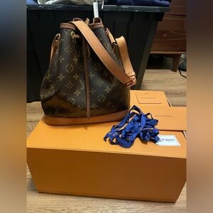 Louis Vuitton Monogram Petit Noe Drawstring Bucket Bag in Brown and Tan